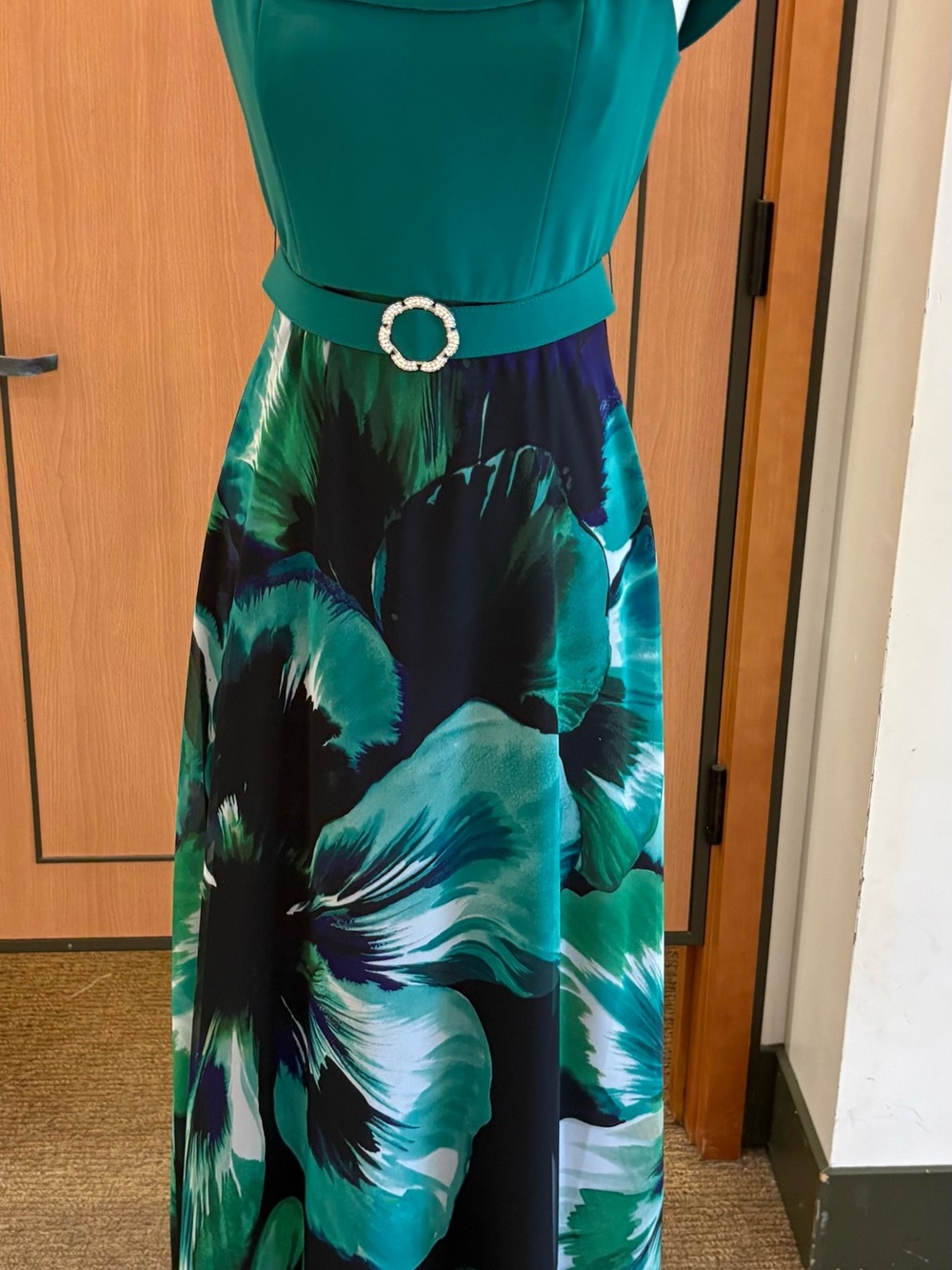 Frank Lyman Design Teal & Black Floral Maxi Dress with Decorative Buckle